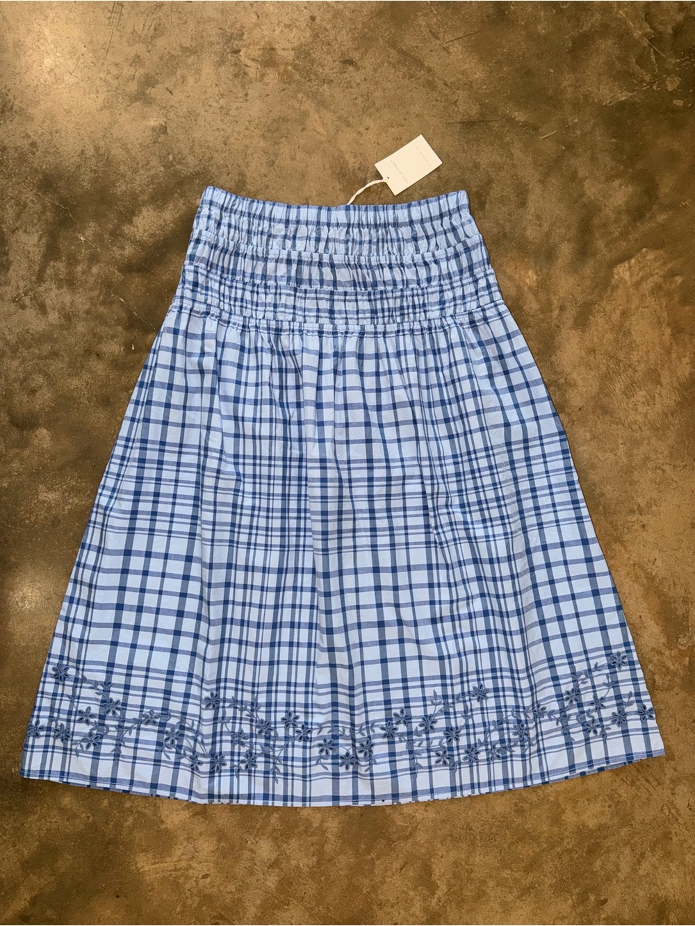 NWT Free Assembly Blue Plaid Embroidered Smocked Midi Skirt M